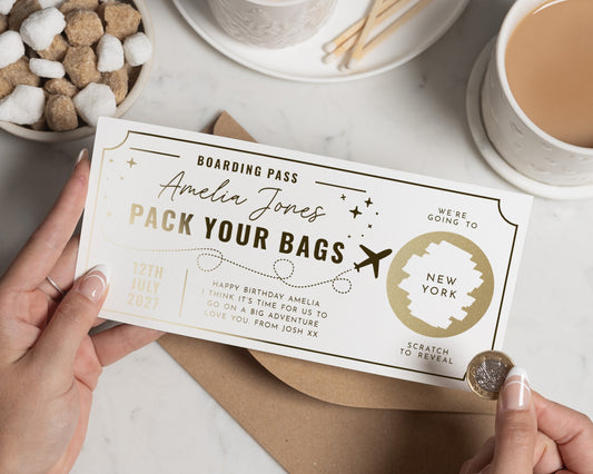 Scratch To Reveal Travel Gift Voucher, Birthday Holiday Reveal, Pack Your Bags Boarding Pass, Personalised Surprise Trip Ticket