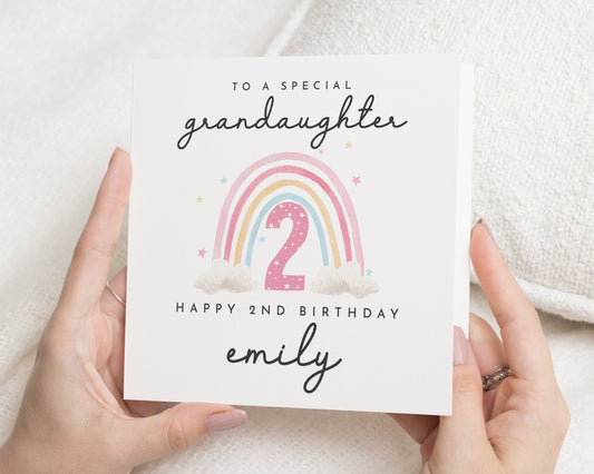 2nd Birthday Card for Granddaughter, Personalised Birthday Card, Rainbow Card for Girl, Cute Birthday Card
