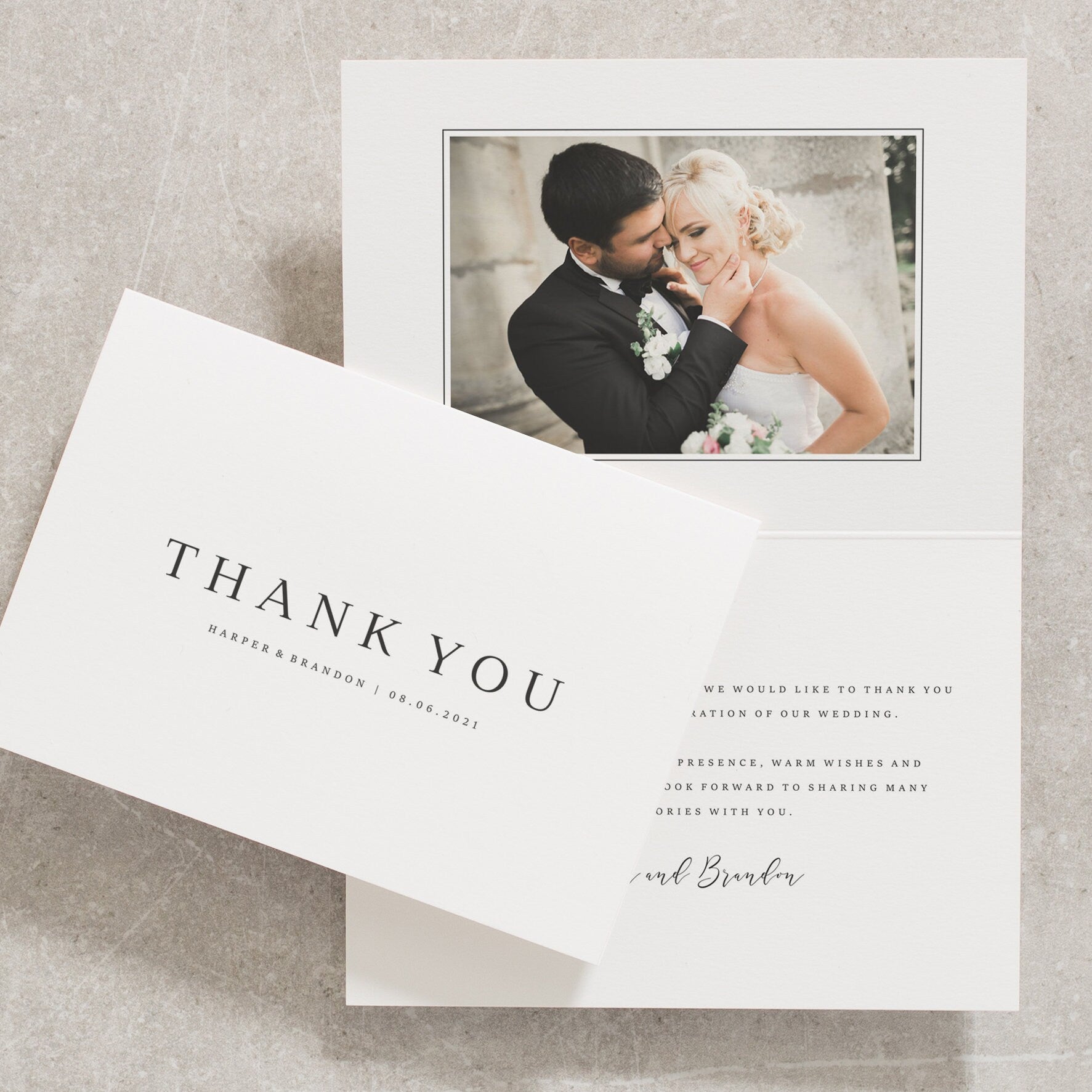 Simple Thank You Cards, Grey Wedding Thank You Cards with Envelopes and Photo, Modern Classic Simple Wedding Thank You Card Set &#39;Harper&#39;