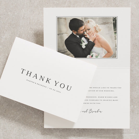 Simple Thank You Cards, Grey Wedding Thank You Cards with Envelopes and Photo, Modern Classic Simple Wedding Thank You Card Set &#39;Harper&#39;