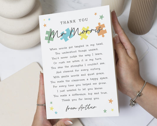 Teacher Thank You Card, Personalised Teacher Card, Thank You Teacher Card, Teaching Assistant Card, End of Term Card, School Thank You Card