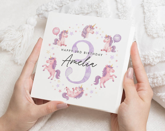 3rd Birthday Card for Girl, Personalised Unicorn Birthday Card, Birthday Card for Daughter, Granddaughter, Niece, Cute Birthday Card