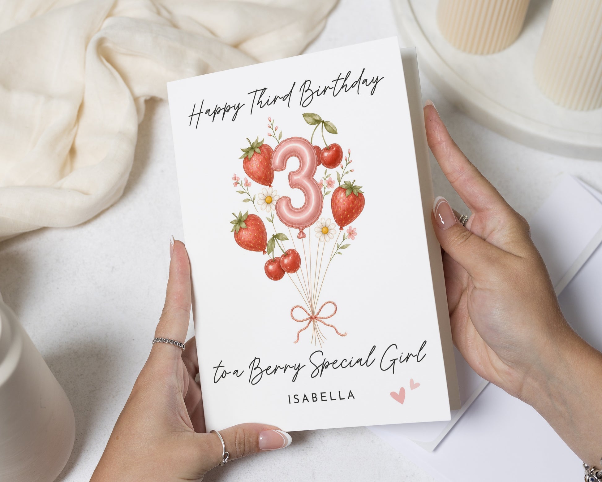 Third Birthday Card, 3rd Birthday Card for Girl, Personalised Birthday Card for Daughter, Strawberry Birthday Card, Cute Birthday Card