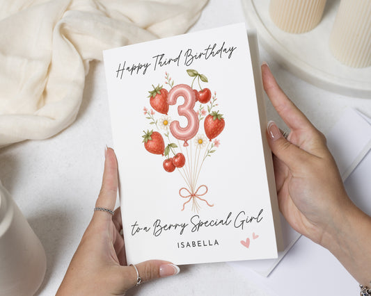 Third Birthday Card, 3rd Birthday Card for Girl, Personalised Birthday Card for Daughter, Strawberry Birthday Card, Cute Birthday Card