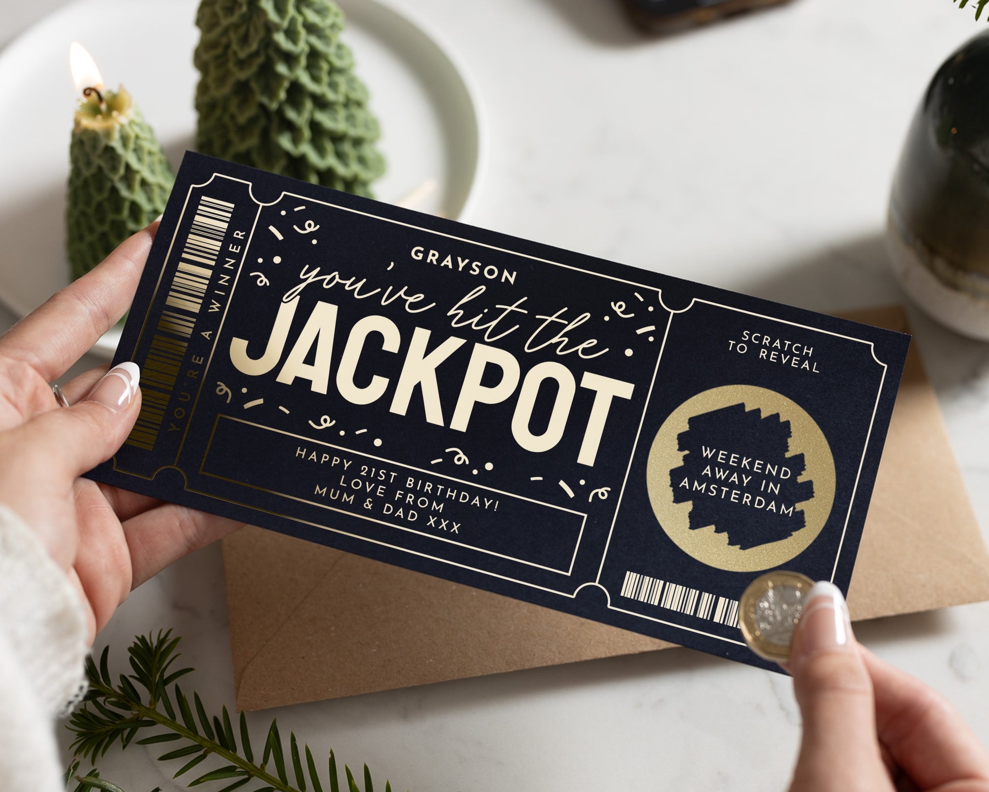 Personalised Weekend Away Gift Voucher, 21st Birthday Card for Him, Scratch to Reveal, Gold Foil Holiday Reveal