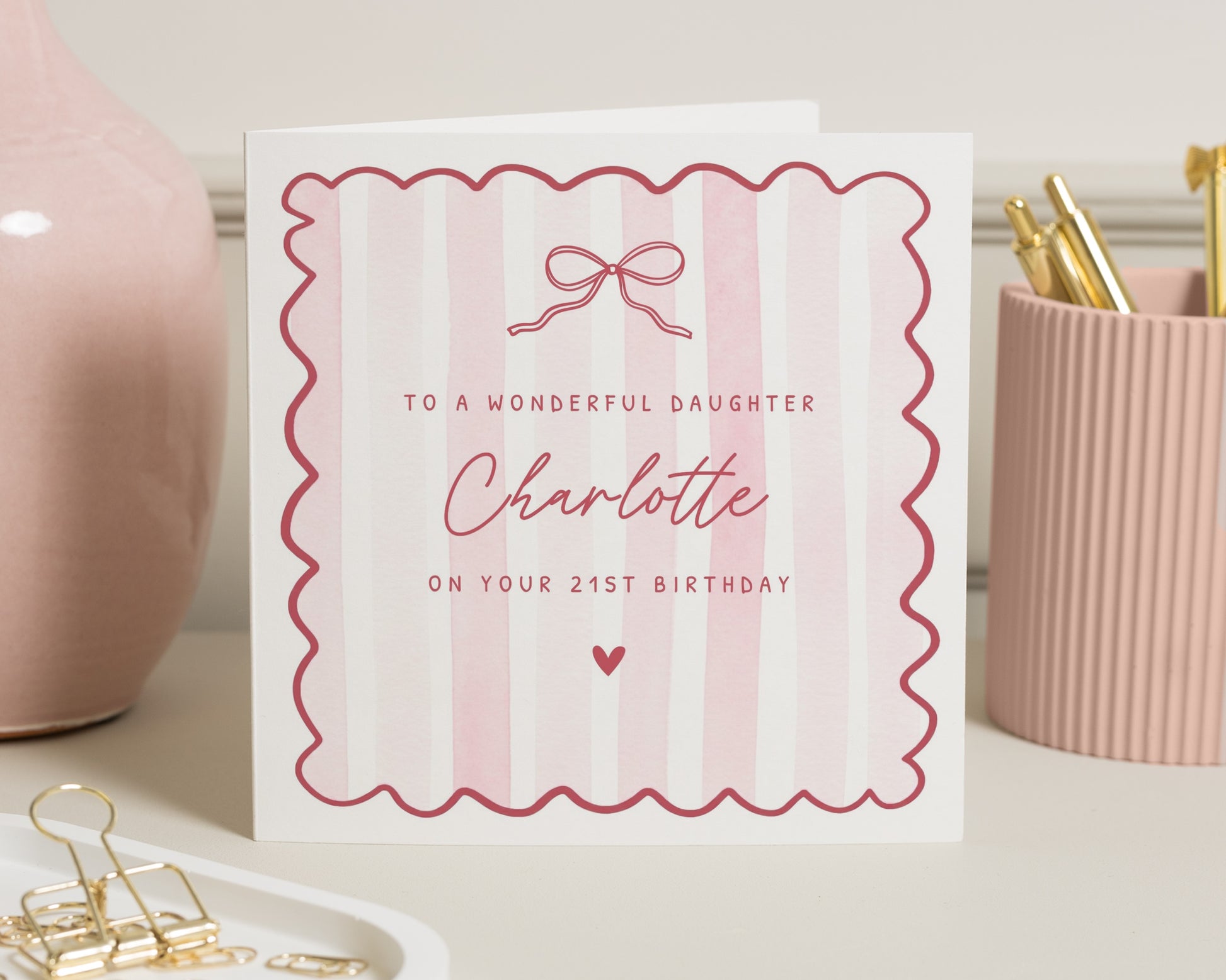 21st Birthday Card for Daughter, Personalised 21st Birthday Card, Daughter Birthday Card, Birthday Card for Her, Pink Bow Card