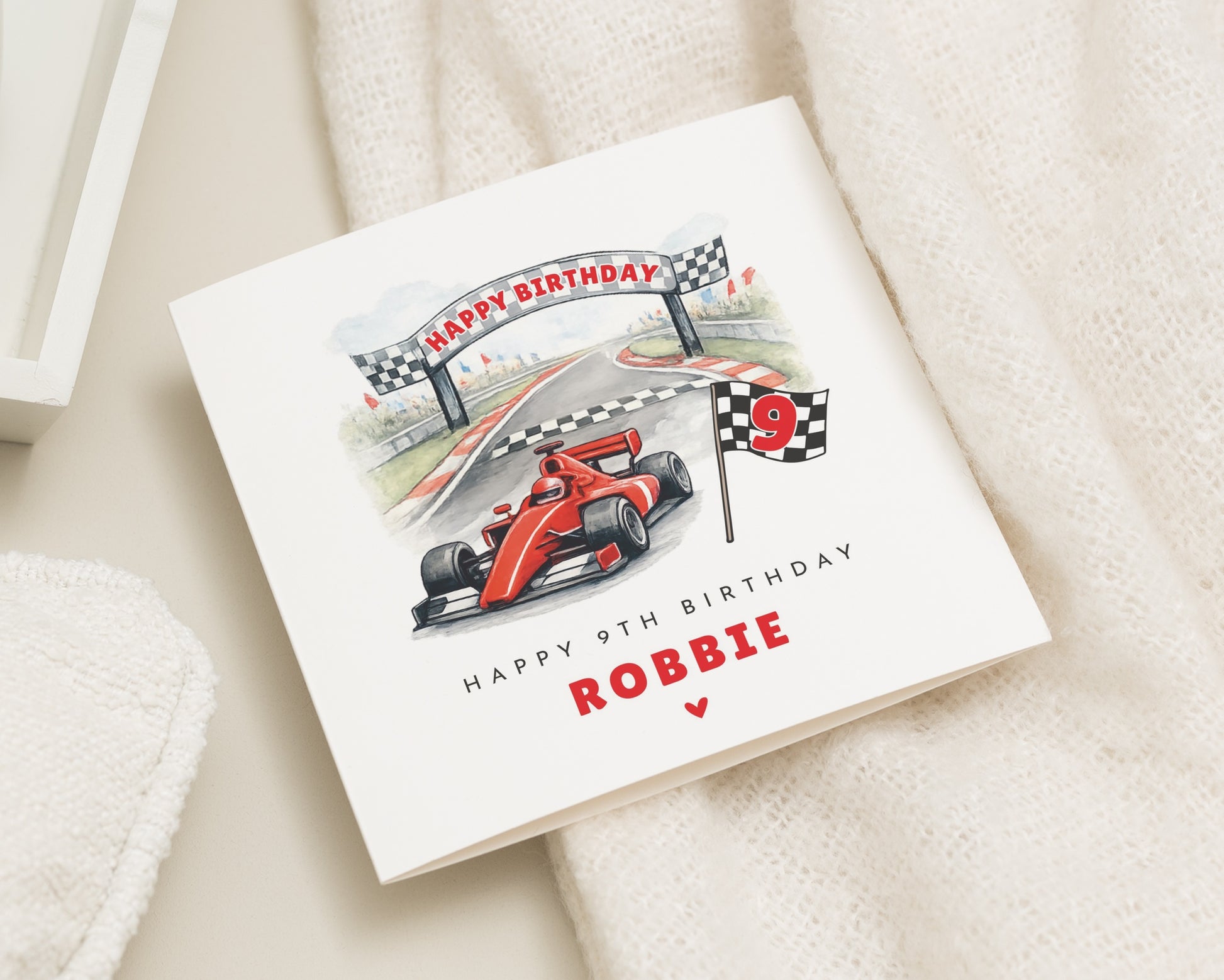9th Birthday Card for Boy, Racing Car Birthday Card, Personalised Card for Son, Grandson, Nephew, Custom Age 9 Card, Formula Birthday Card