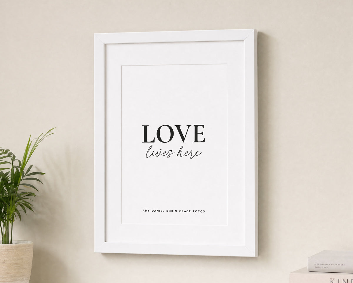 Personalised Family Print, Love Lives Here Wall Art, White Wall Art, New Home Gift, Family Gift, Living Room Print With Mount