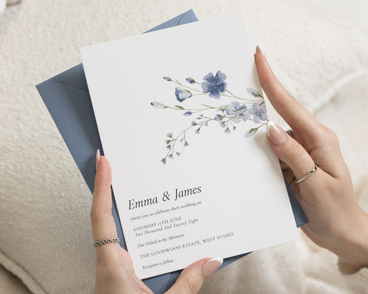 Dusty Blue Floral Wedding Invitations, Watercolour Wildflower Wedding Invite, Elegant Botanical Personalised Invitation Suite, Blue Envelope