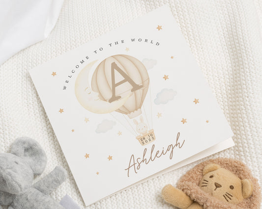 New Baby Card, Personalised Baby Card, Welcome To The World Card, Baby Girl Card, Custom Name Card, Hot Air Balloon Card, Baby Shower Card