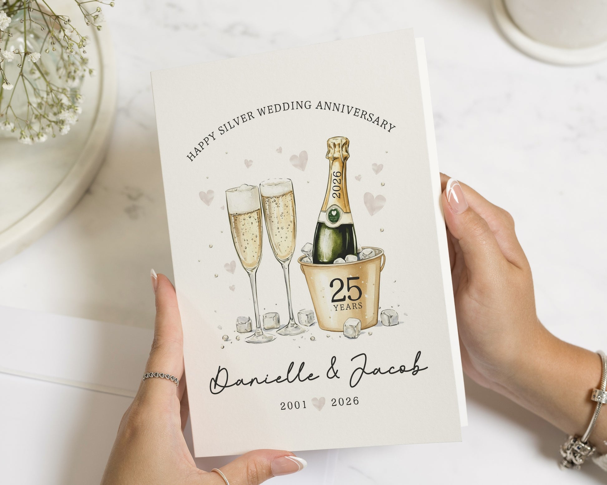 Silver Wedding Anniversary Card, 25th Anniversary Card, Personalised Anniversary Card, Champagne Card for Couple, Anniversary Card