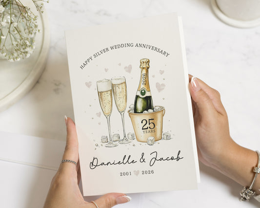Silver Wedding Anniversary Card, 25th Anniversary Card, Personalised Anniversary Card, Champagne Card for Couple, Anniversary Card
