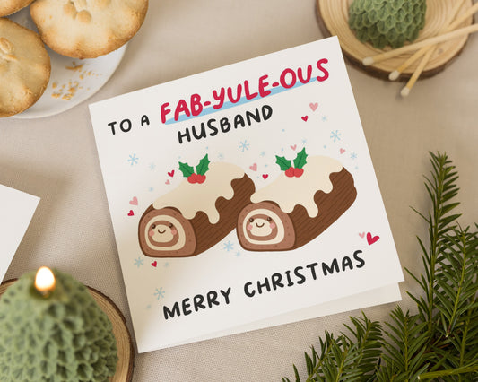 Christmas Card for Husband, Funny Christmas Card for Him, Fab Yule Log Pun Card, Cute Husband Christmas Card, Personalised Xmas Card