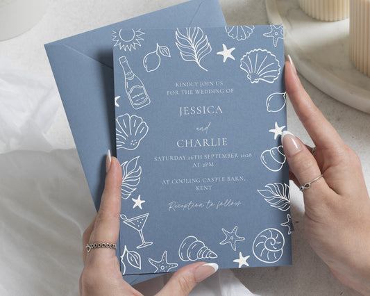 Dusty Blue Wedding Invitations, Beach Wedding Invites, Seashell Coastal Wedding Stationery, Destination Wedding Invitation Suite