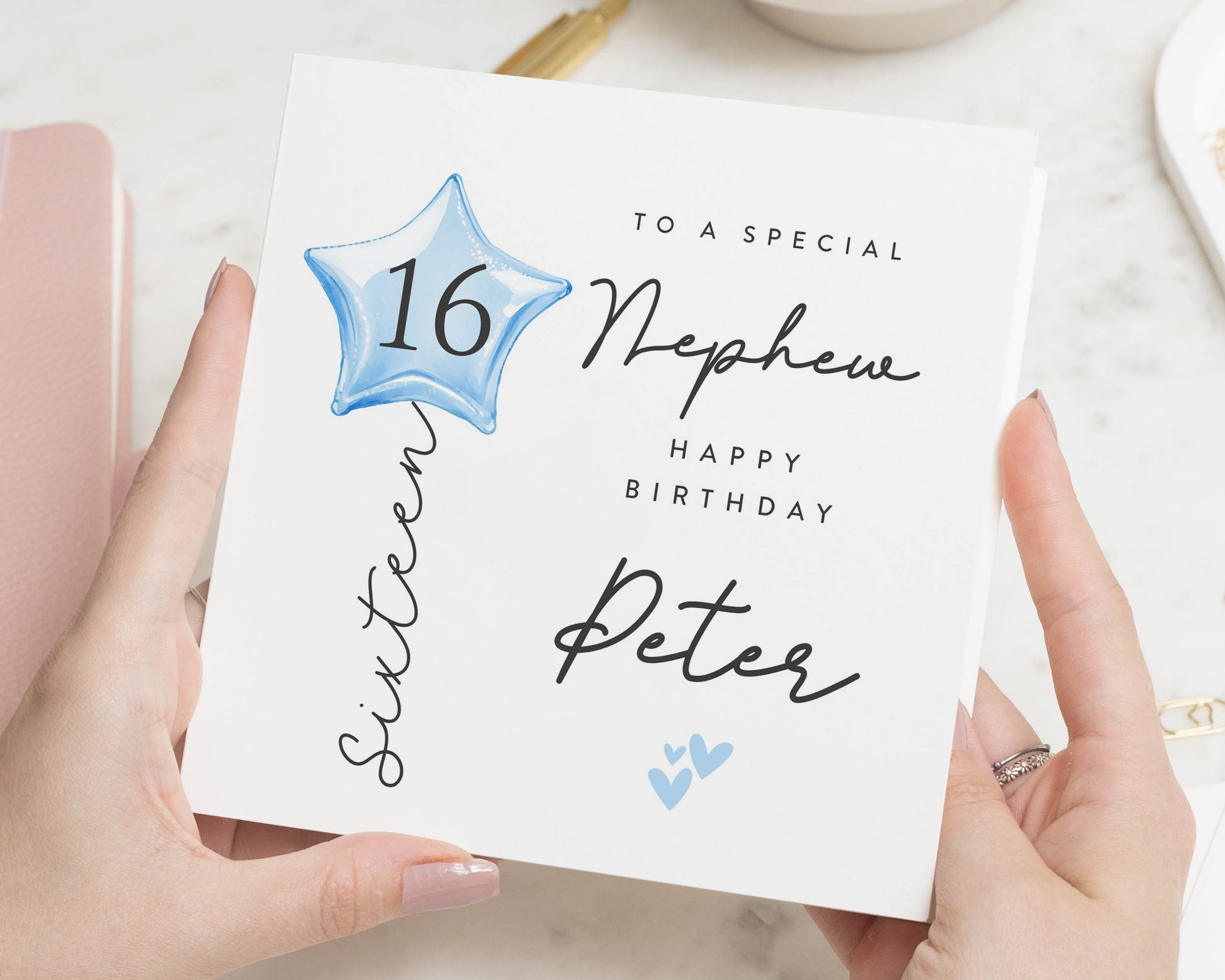 16th Birthday Card for Nephew, Personalised Birthday Card, Custom Name, Son, Brother, Grandson, Blue Balloon Card, Sixteenth Card