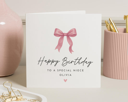 Birthday Card for Niece, Special Niece Birthday Card, Personalised Birthday Card for Girl, Pink Bow Birthday Card, Cute Birthday Card