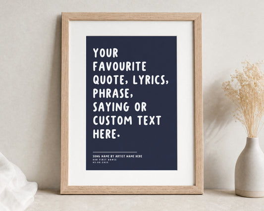 Personalised Lyrics Print, Custom Quote Wall Art, Navy Blue Wall Art, First Dance Song Gift, Gift for Couple, Anniversary Gift