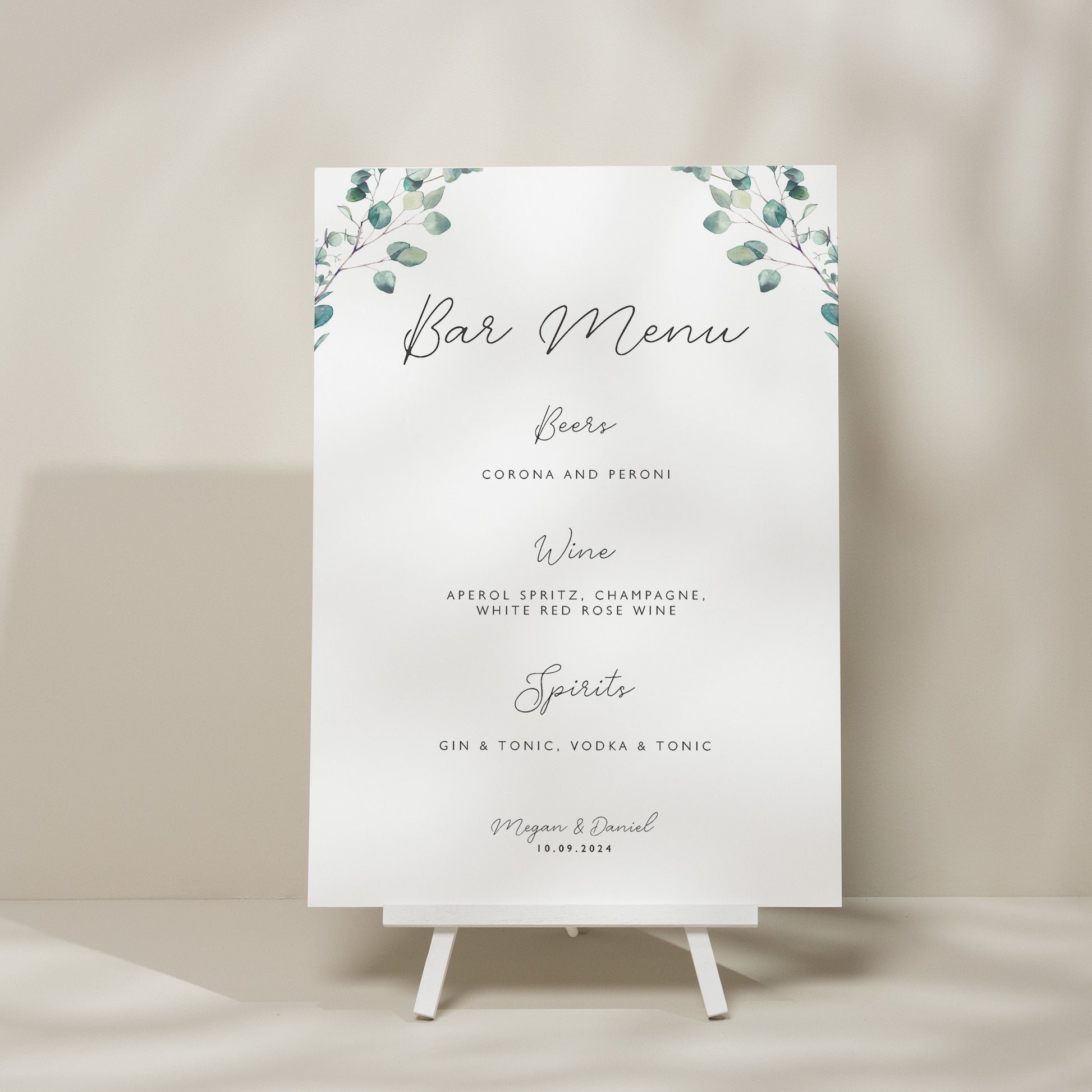 Greenery Wreath Wedding Bar Menu Sign, Botanical Drink Menu Wedding Sign, Eucalyptus Wedding Sign, Simple Drinks List Sign &#39;Megan&#39;