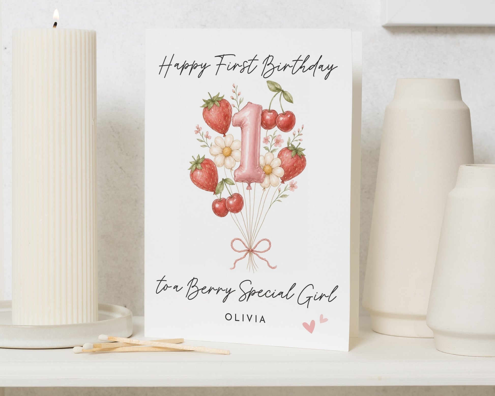 First Birthday Card for Girl, 1st Birthday Card, Personalised Birthday Card for Daughter, Floral Birthday Card, Strawberry Birthday Card
