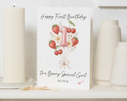 First Birthday Card for Girl, 1st Birthday Card, Personalised Birthday Card for Daughter, Floral Birthday Card, Strawberry Birthday Card