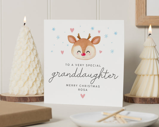 Christmas Card for Granddaughter, Cute Reindeer Card, Merry Christmas Card for Girl, Personalised Granddaughter Christmas Card