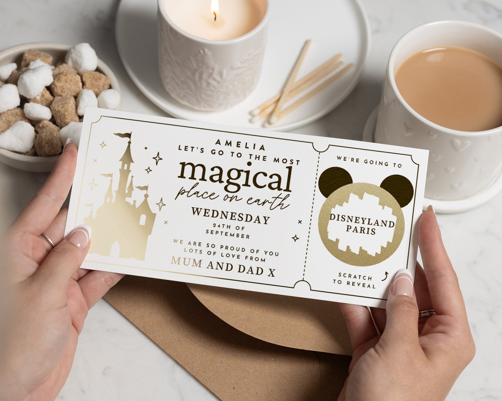 Personalised Disneyland Paris Gift Voucher, Scratch To Reveal Holiday Ticket, Magical Place Gift For Daughter, Surprise Trip Card