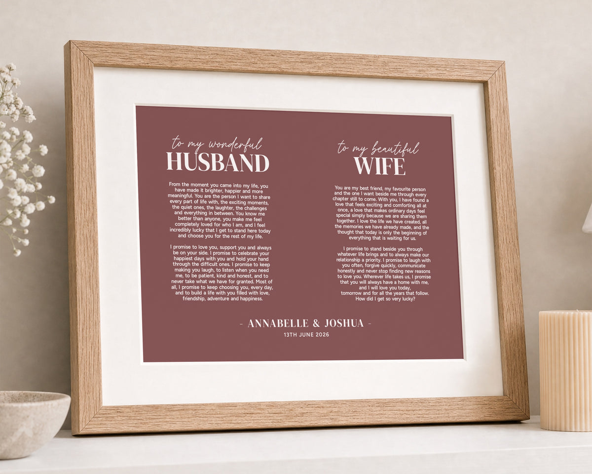 Personalised Wedding Vows Print, Pink Wall Art, Husband and Wife Gift, Anniversary Gift, Wedding Gift, Oak Framed Print