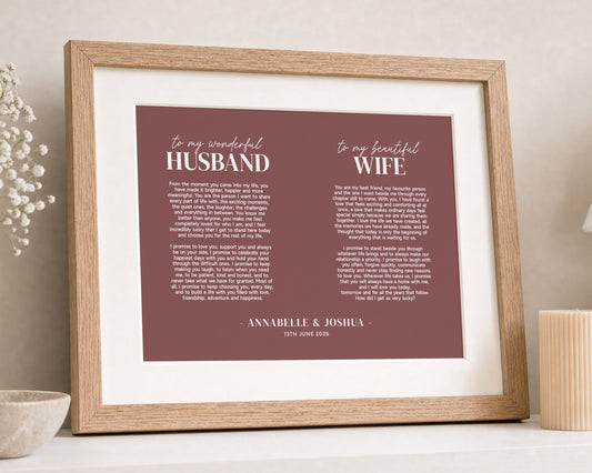 Personalised Wedding Vows Print, Pink Wall Art, Husband and Wife Gift, Anniversary Gift, Wedding Gift, Oak Framed Print