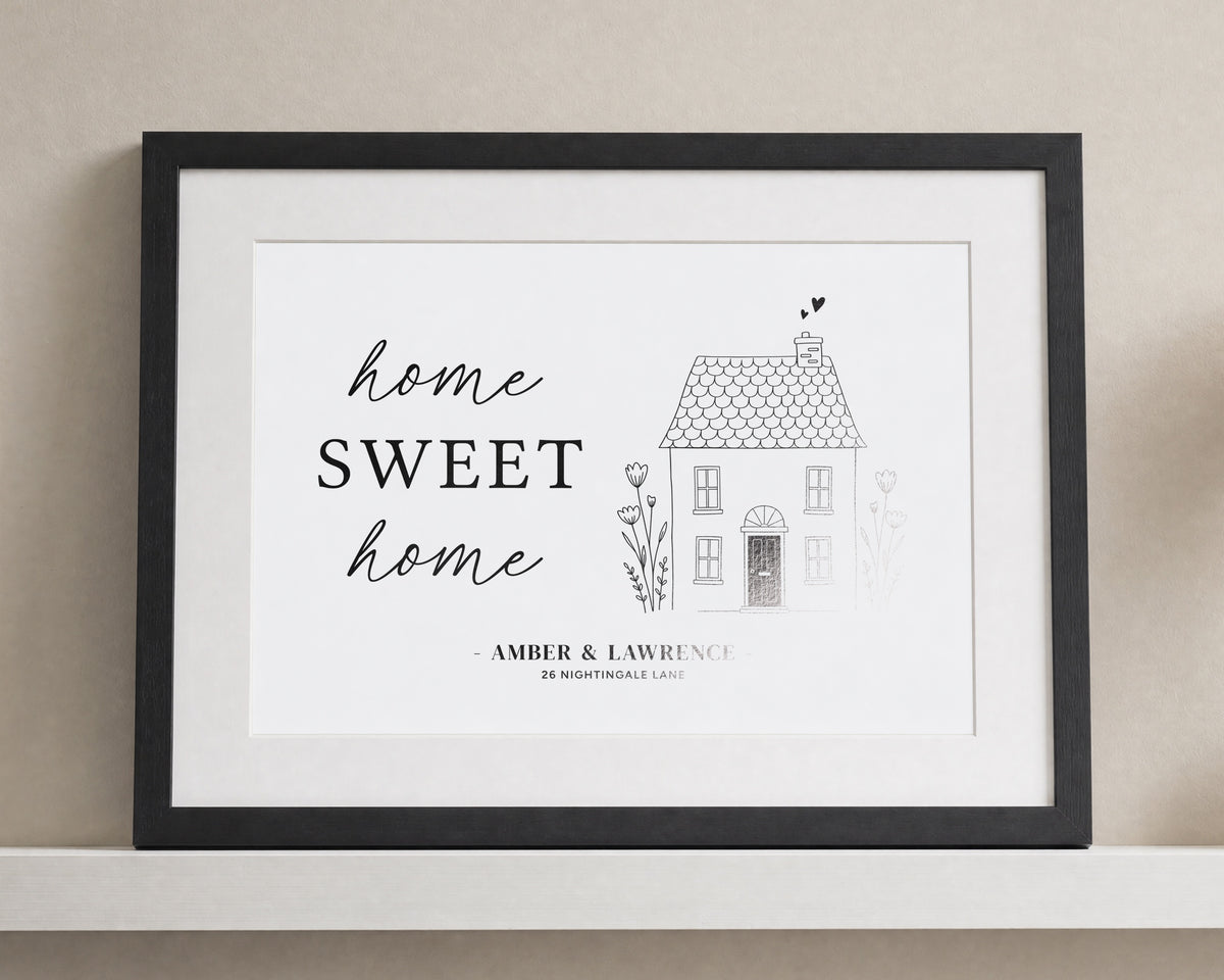 Personalised New Home Print, Home Sweet Home Wall Art, Off White Housewarming Gift, Custom Address Print, Line Drawing Art