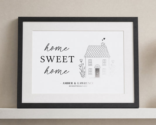 Personalised New Home Print, Home Sweet Home Wall Art, Off White Housewarming Gift, Custom Address Print, Line Drawing Art