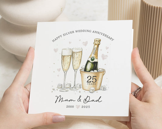 Silver Wedding Anniversary Card, 25th Anniversary Card for Mum and Dad, Personalised Anniversary Card, Champagne Card