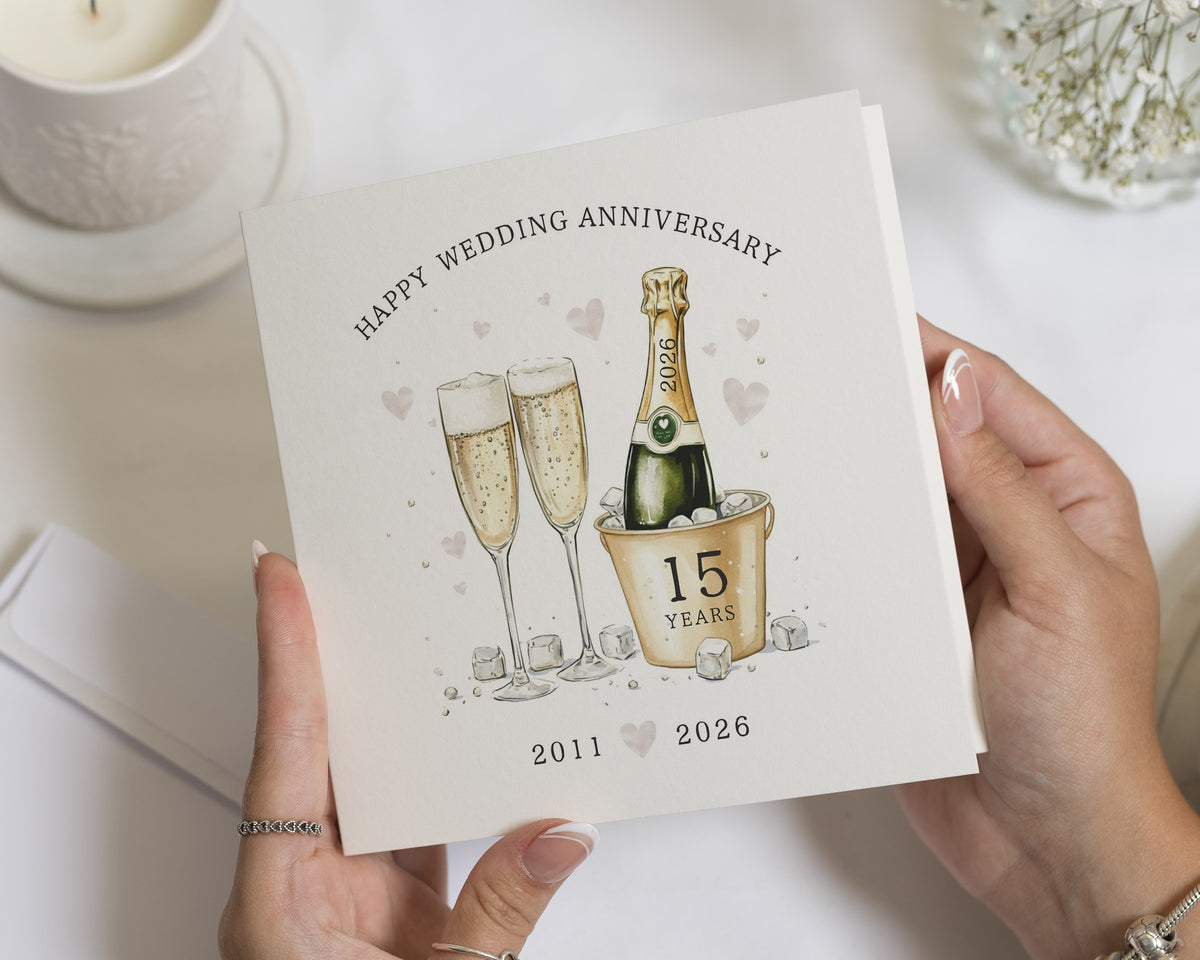 15th Wedding Anniversary Card, Personalised Anniversary Card, Champagne Anniversary Card, Anniversary Card for Husband Wife Couple