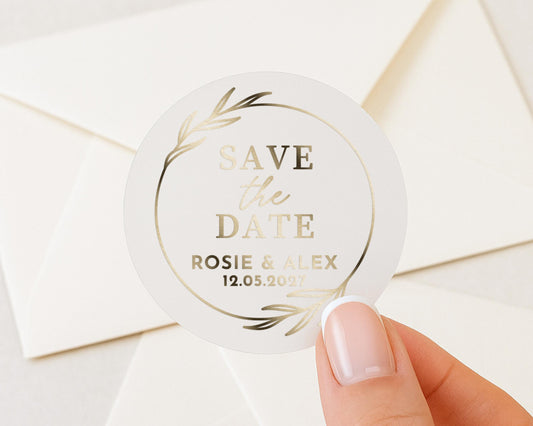 Save the Date Sticker, Personalised Wedding Sticker, Gold Foil Save the Date, Custom Wedding Label, Engagement Sticker