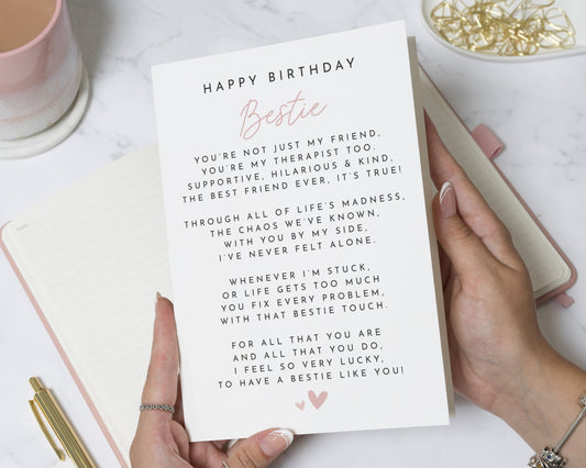 Birthday Card for Best Friend, Bestie Birthday Card, Friend Birthday Card, Birthday Card for Her, Poem Birthday Card, Cute Birthday Card