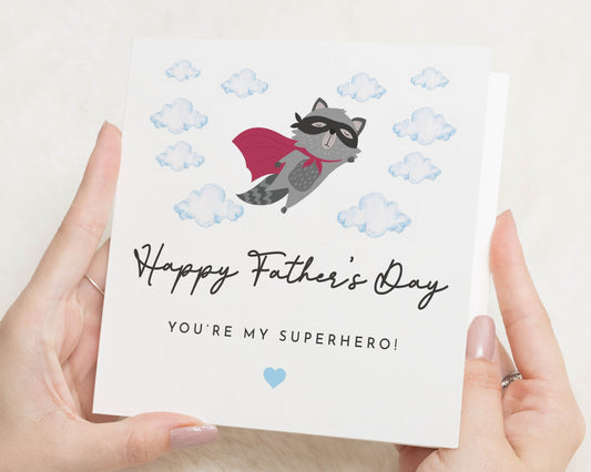 Fathers Day Card, Fathers Day Card from Kids, Superhero Fathers Day Card, Cute Raccoon Card, Fathers Day Card for Dad, Daddy Card