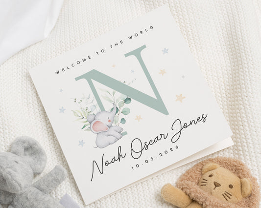 New Baby Card, Personalised Baby Card, Welcome To The World Card, Baby Boy Card, Baby Girl Card, Elephant Card, Custom Name Card
