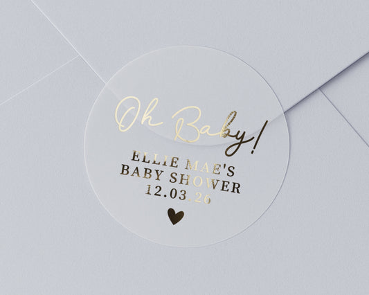Oh Baby Baby Shower Sticker, Personalised Baby Shower Sticker, Gold Foil Baby Shower Label, Custom Baby Shower Envelope Seal