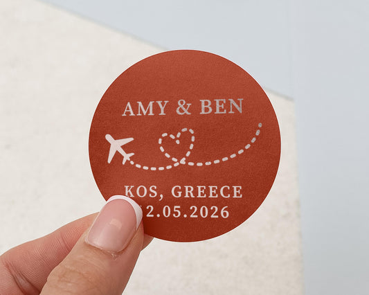 Personalised Wedding Sticker, Travel Wedding Favour, Foil Heart Plane Label, Custom Destination Wedding Sticker