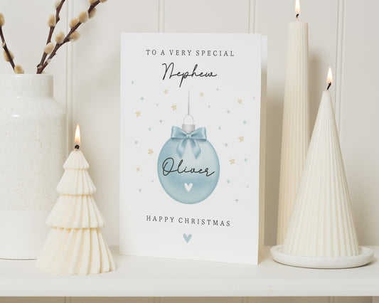Christmas Card for Nephew, Personalised Christmas Card, Nephew Christmas Card, Custom Name Xmas Card, Cute Bauble Christmas Card