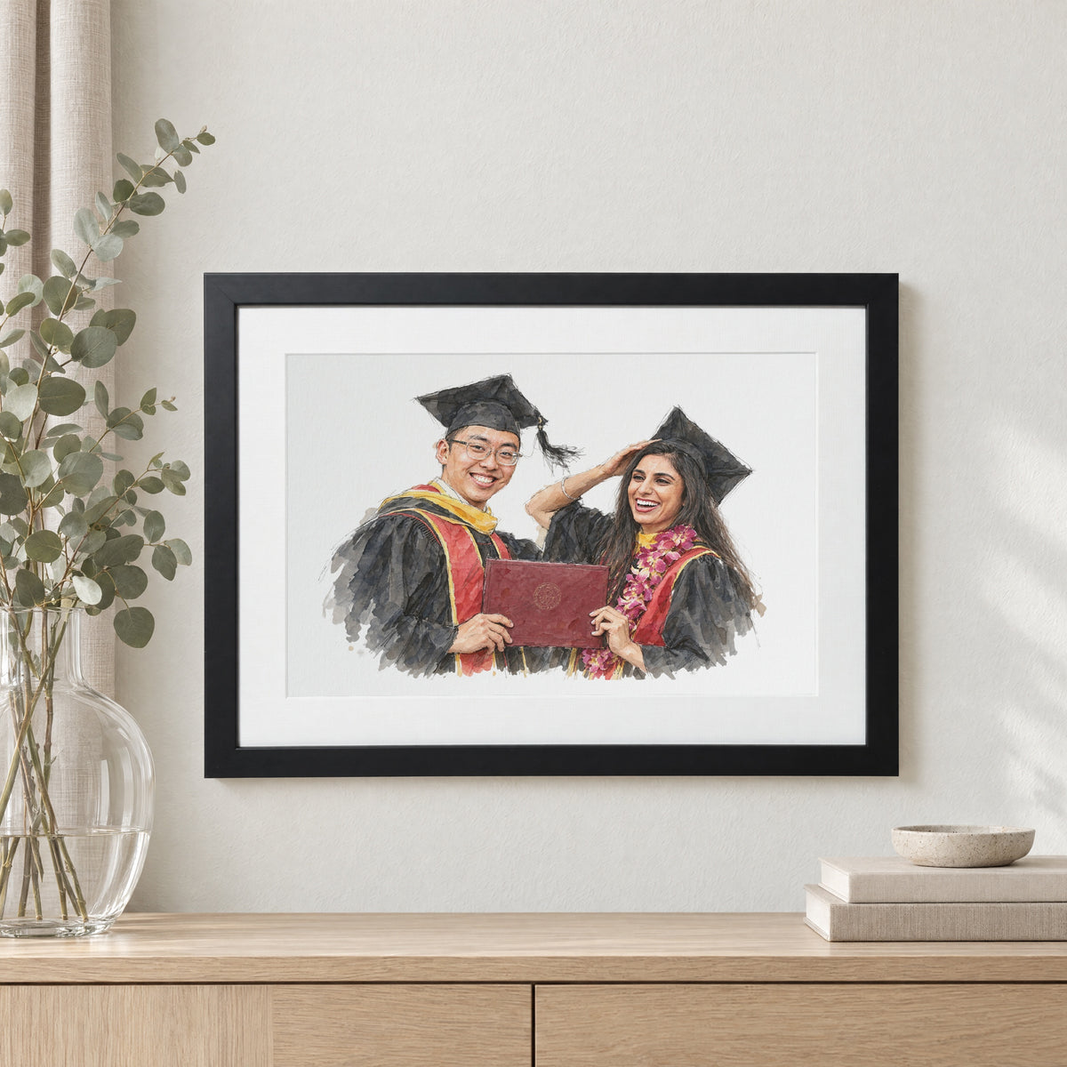 Personalised Graduation Print From Photo, Custom Watercolour Portrait, Graduation Gift, University Gift, Black Framed Print