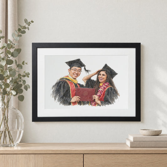 Personalised Graduation Print From Photo, Custom Watercolour Portrait, Graduation Gift, University Gift, Black Framed Print