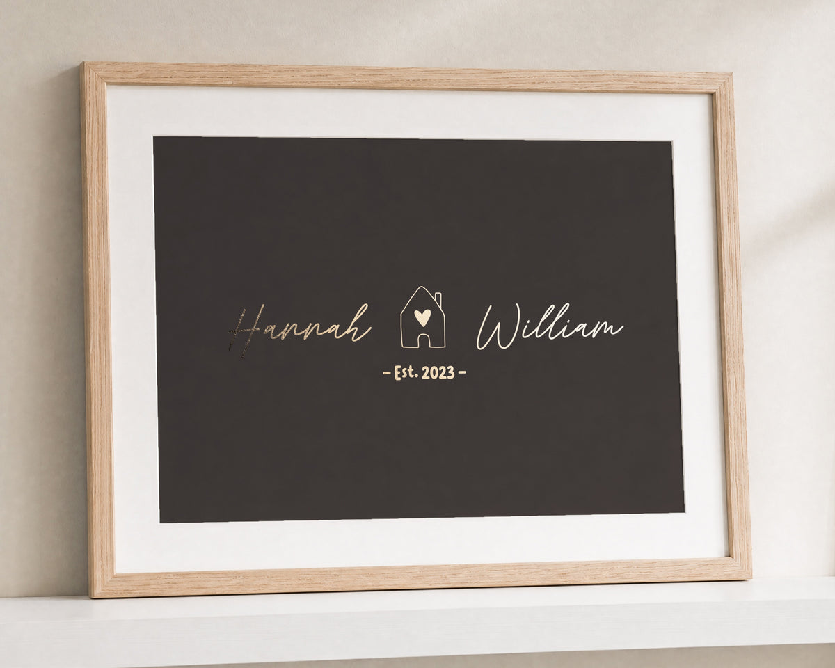 Personalised Gold Foil New Home Print, Chocolate Brown Wall Art, Couple Gift, House Warming Gift, Print With Mount