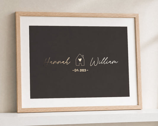 Personalised Gold Foil New Home Print, Chocolate Brown Wall Art, Couple Gift, House Warming Gift, Print With Mount