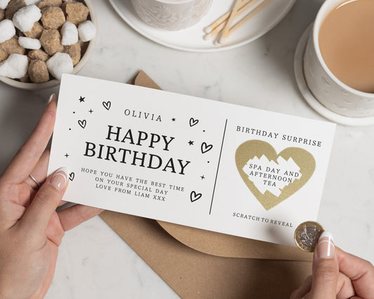 Personalised Spa Day Gift Voucher, Birthday Gift for Her, Afternoon Tea, Scratch to Reveal