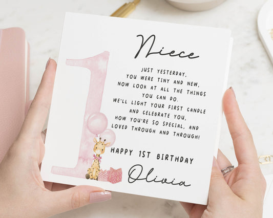 1st Birthday Card for Niece, Personalised First Birthday Card, Birthday Card for Girl, Cute Giraffe Birthday Card, Niece Birthday Card