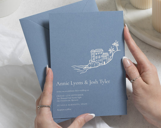 Blue Grey Wedding Invitations, Coastal Destination Wedding Invites, Mediterranean Villa Illustration, Personalised Invitation Suite