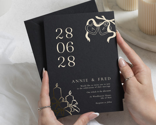 Gold Foil Wedding Invitations, Black Wedding Invite with Monogram Bow, Elegant Candle Design, Luxury Personalised Invitation