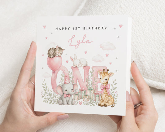 Personalised 1st Birthday Card for Girl, First Birthday Card, Daughter Birthday Card, Granddaughter Birthday Card, Safari Animal Card