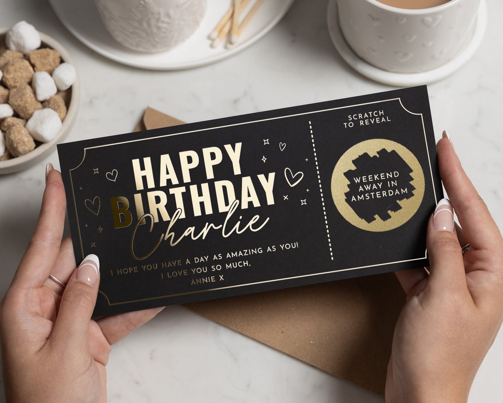 Personalised Birthday Gift Voucher, Scratch To Reveal, Weekend Away, Custom Birthday Card, Gold Foil, For Him Or Her