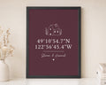 Personalised Coordinates Print, Burgundy Wall Art, New Home Gift, House Warming Gift, Gift for Couple, Location Print, Black Framed Print